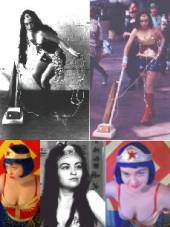 Evelyn Hartogh as Wonder Woman 1994-2005 (Photos by Anna Zsoladas 1995, Ian Wadley 1994, Alicia Lane 2005, Ivan Nunn 1996, Alicia Lane 2005)